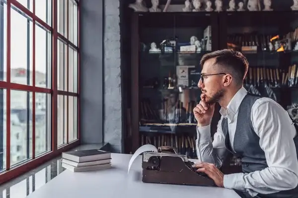 depositphotos 229403186 stock photo thinking young man retro typewriter